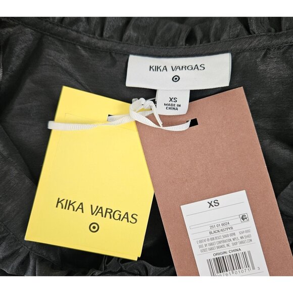 Kika Vargas Womens XS Dress Black Ruffle Tiered Puff Sleeve V-Neck Midi Hi Lo - Picture 11 of 12